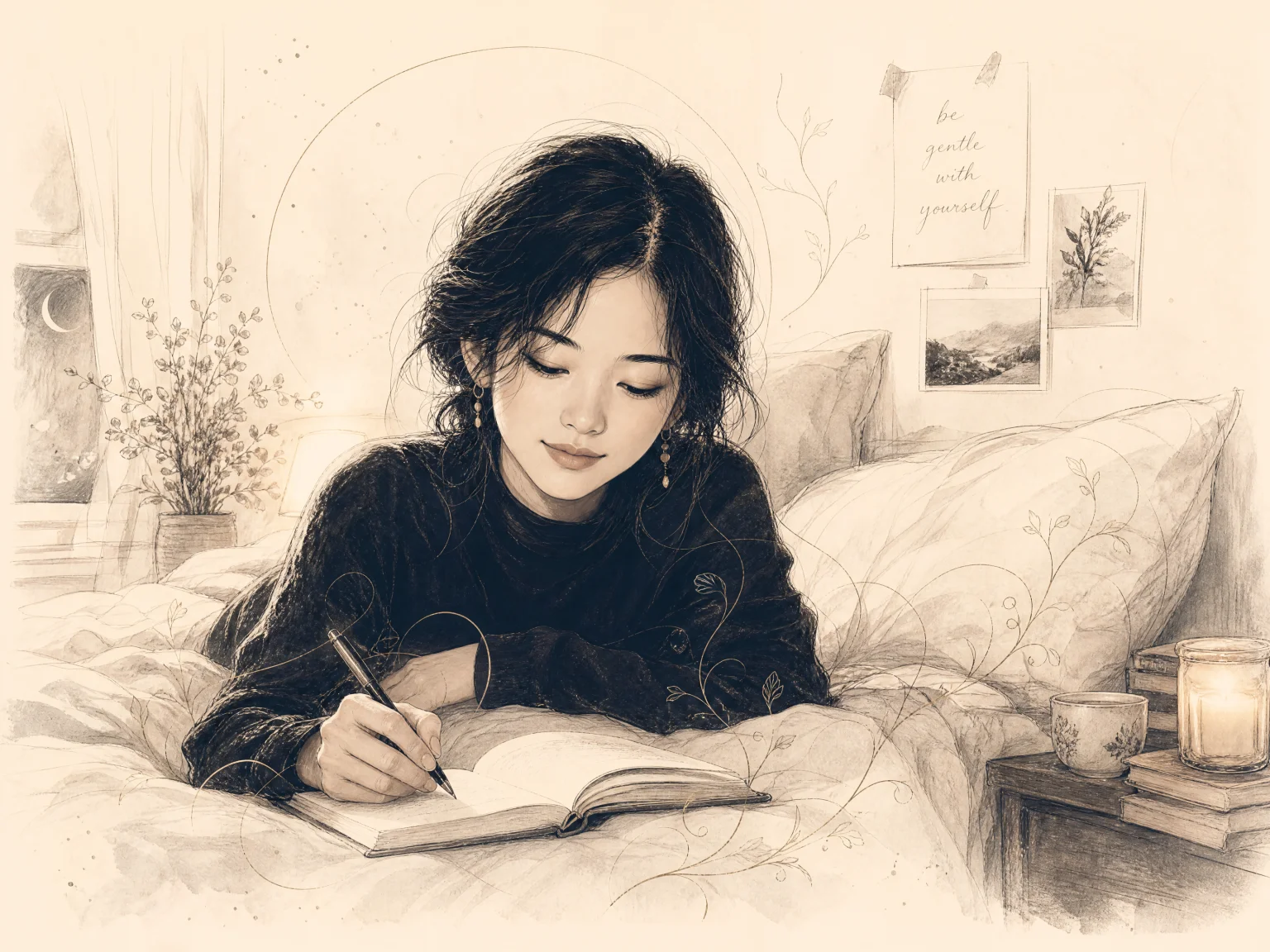 brenda writing in her journal, pencil sketch, candle burning nearby